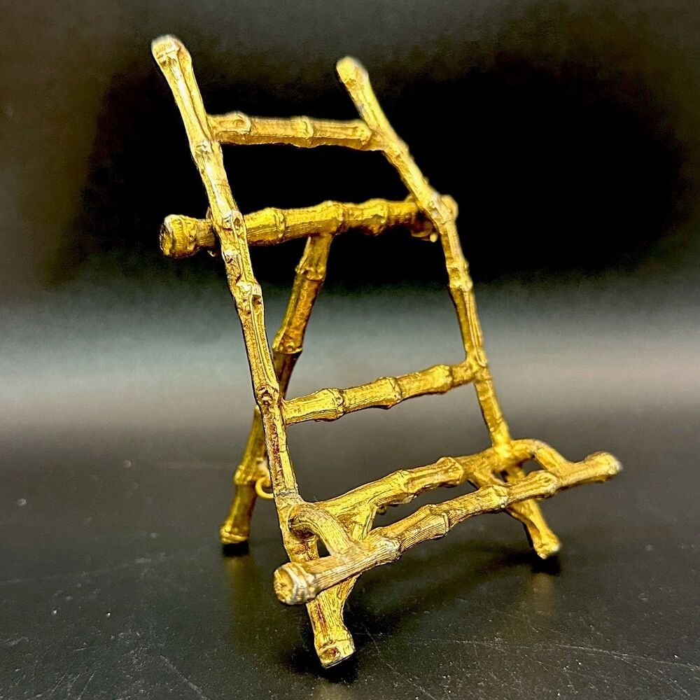 Vintage Brass Faux Bamboo Mini Easel Tabletop Picture Plate Display Stand 4.25”